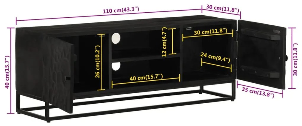 Móvel de TV 110x30x40 cm mangueira maciça e ferro preto