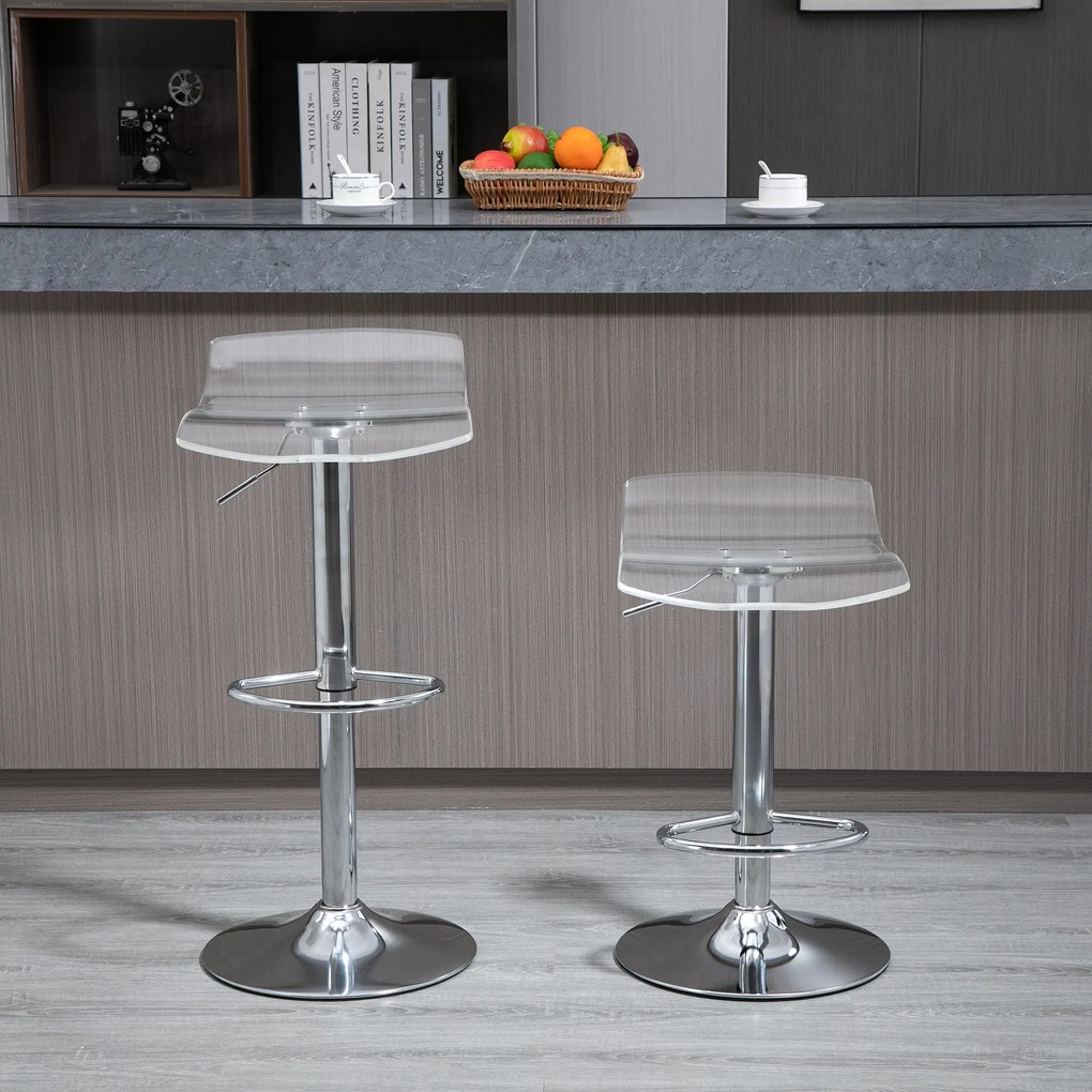 Conjunto de 2 bancos de bar com assento em acrílico e base em metal - giratórios a 360° - altura ajustável - transparentes
