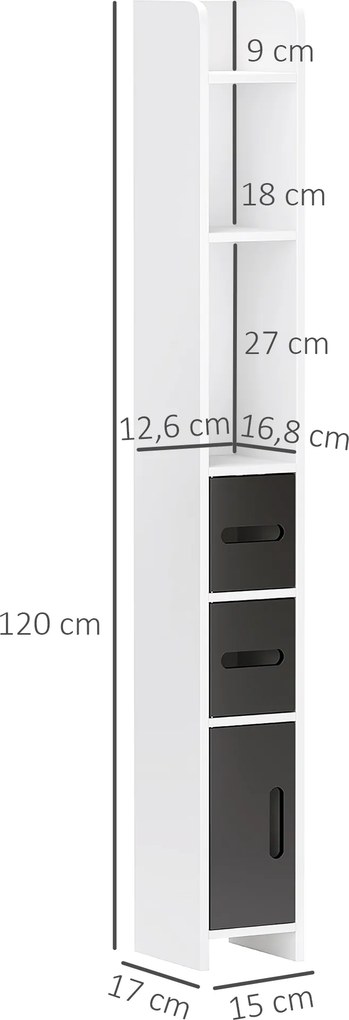 Coluna Casa de Banho com 3 Portas e 3 Prateleiras Abertas Coluna Auxiliar  Estilo Moderno 15x17x120 cm Branco e Preto