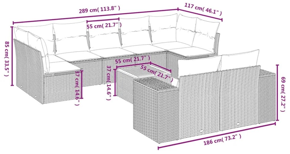 10 pcs conjunto sofás de jardim c/ almofadões vime PE cinzento