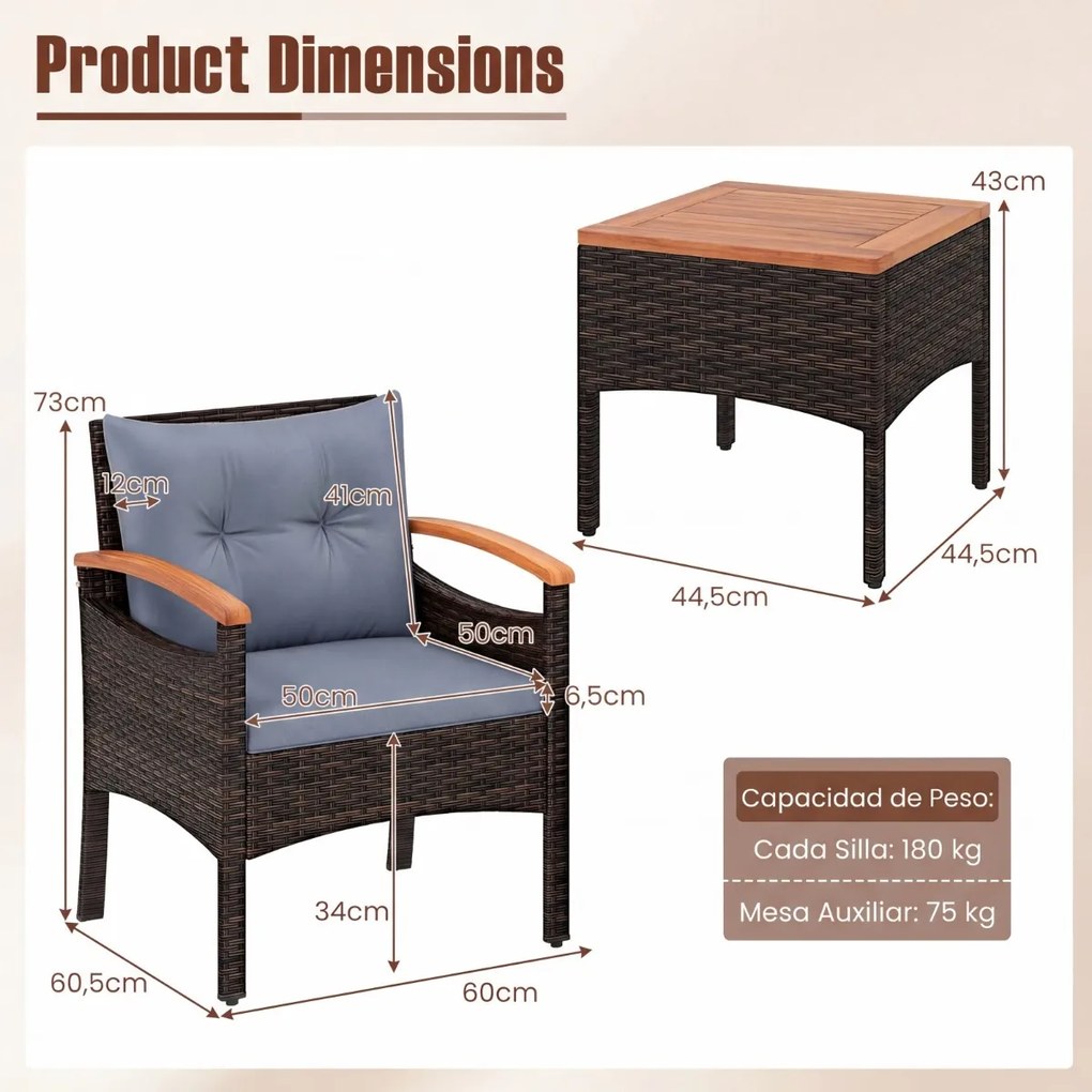 Conjunto de 3 peças para jardim em vime e rattan, com cadeiras com braços, mesa auxiliar em madeira de acácia e almofadas em castanho misturado e cinz