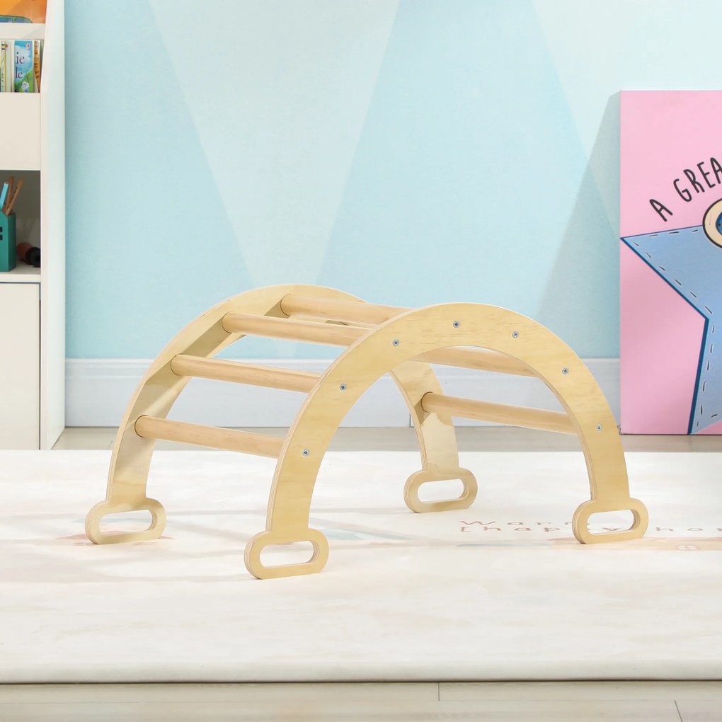 Arco de escalada infantil com baloico em madeira para uso interior, para meninos e meninas, bebés dos 18 aos 48 meses, madeira natural