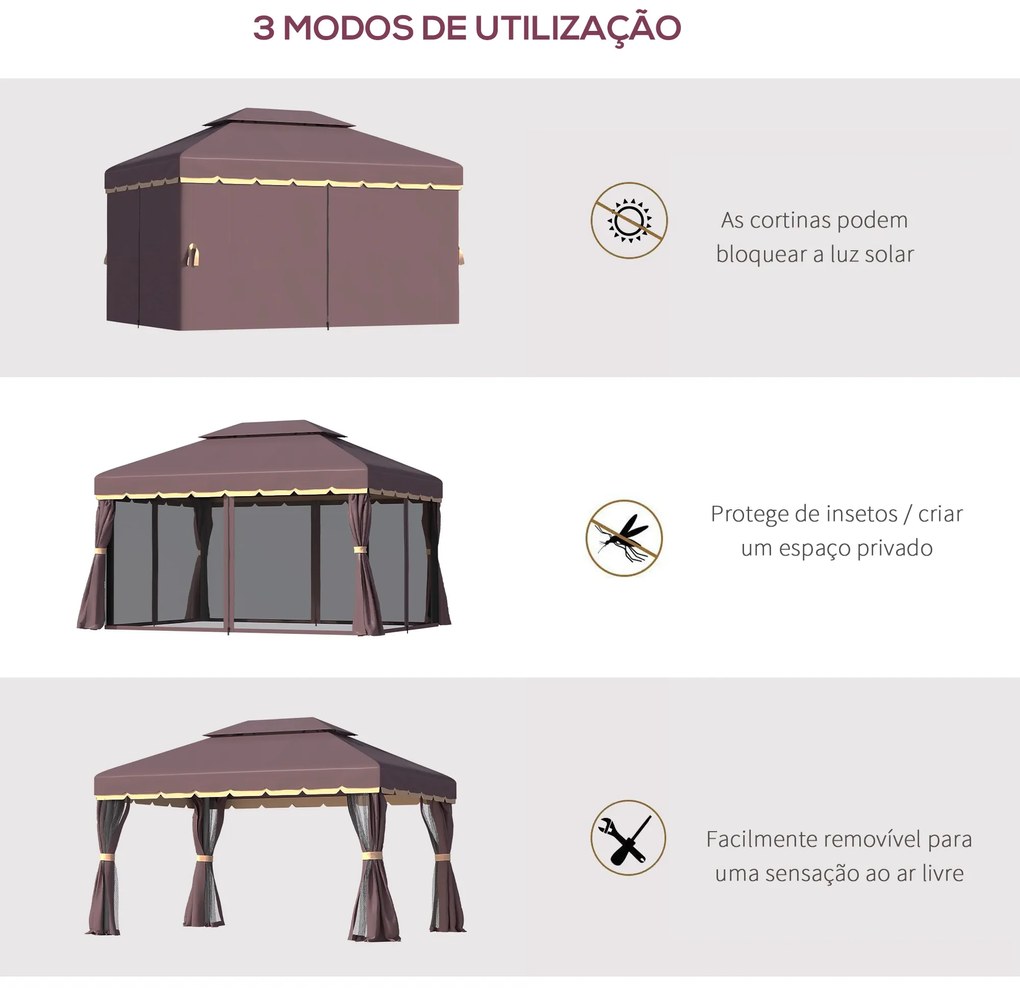 Pérgola de Jardim 3,9x2,9m de Alumínio com Teto de Ventilação 4 Cortinas Laterais Tela Mosquiteira e 8 Orifícios de Drenagem para Exterior Pátio Festa