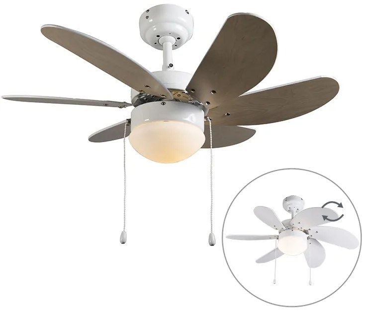 Ventilador de teto branco com impressão de madeira 80cm com interruptor de tração - Fresh Moderno