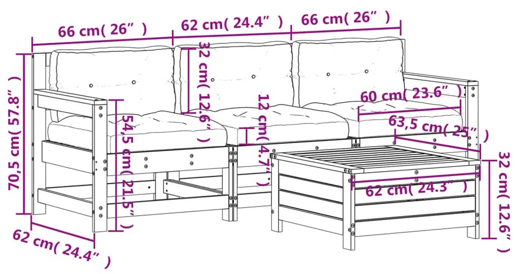 4 pcs conj. lounge de jardim c/ almofadões pinho maciço branco