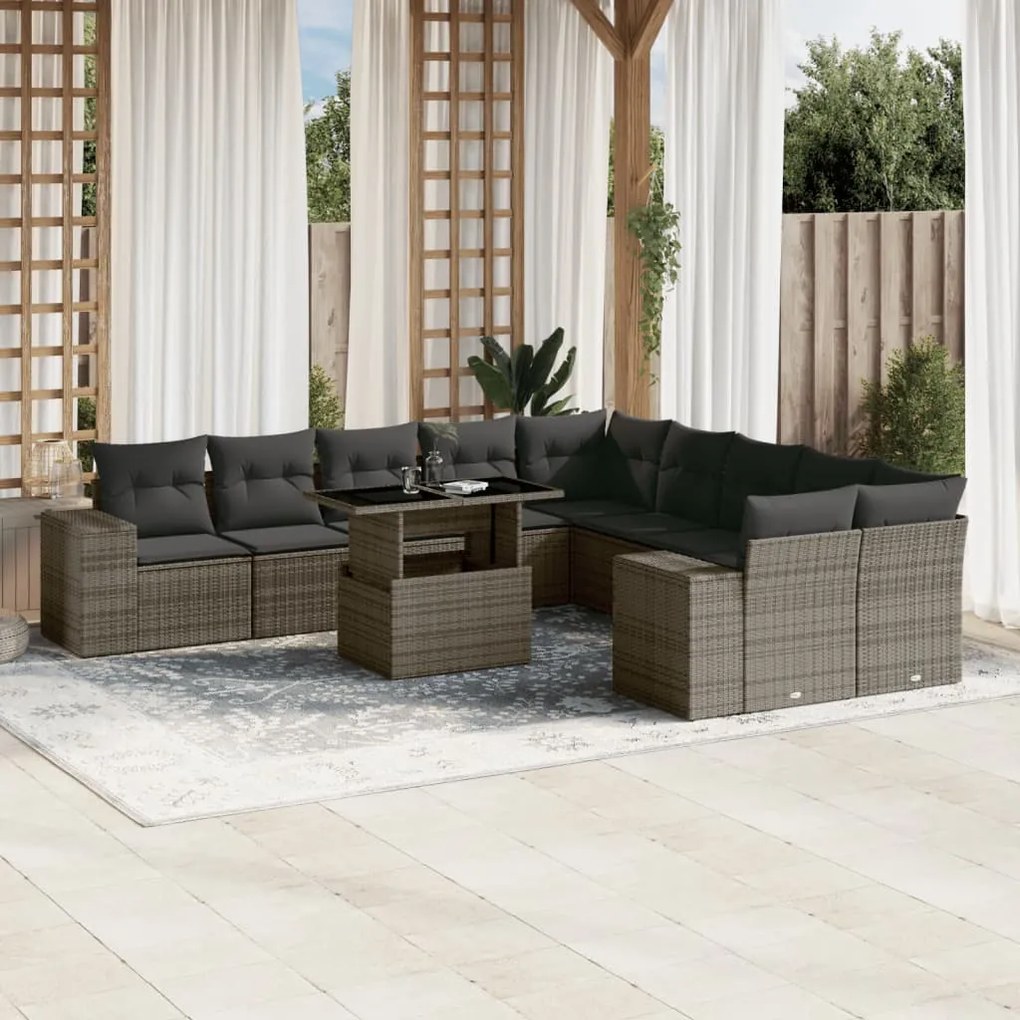 11 pcs conjunto sofás de jardim c/ almofadões vime PE cinzento