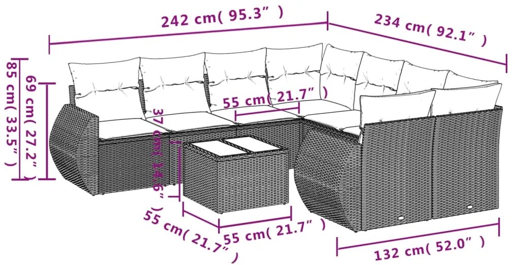 9 pcs conjunto de sofás p/ jardim com almofadões vime PE bege