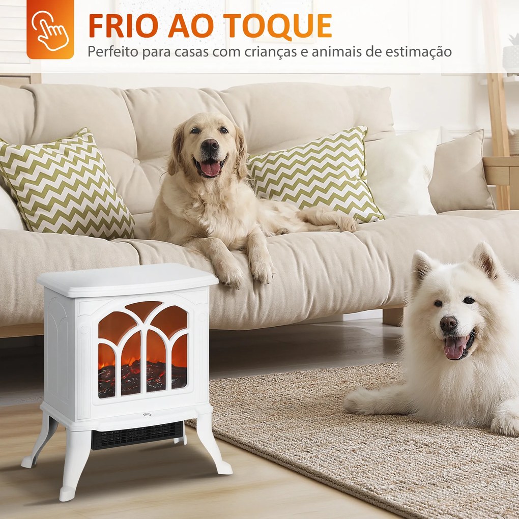 Lareira Elétrica  750/1500 W Lareira Decorativa com 2 Níveis de Potência Efeito Chama Área de Cobertura 15-20 m² 37,3x23,1x44 cm Branco