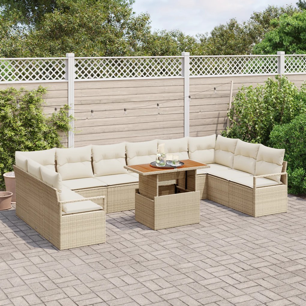 Conjunto de sofá de jardim de 11 peças com almofadas bege de rattan