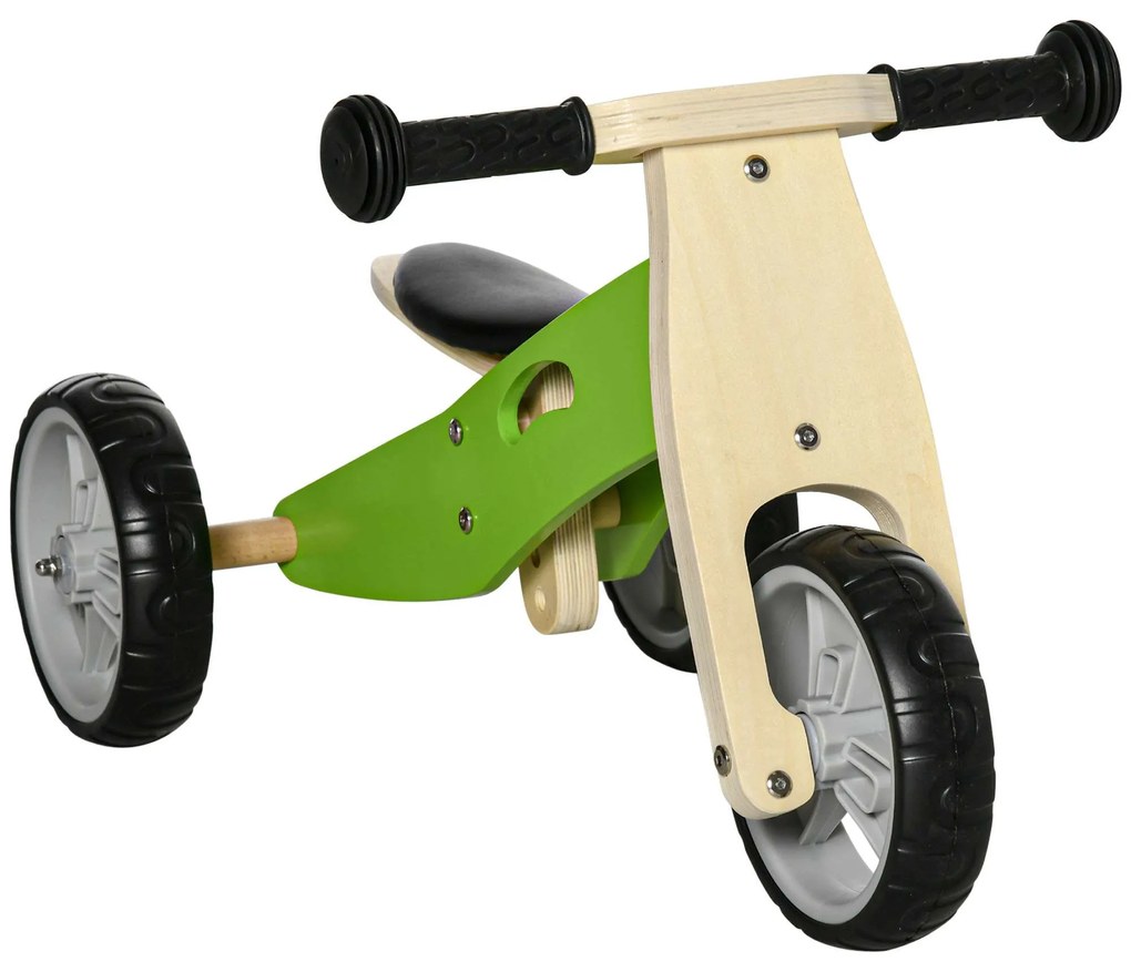 AIYAPLAY Bicicleta sem Pedais de Madeira 2 em 1 Triciclo Infantil com Assento Ajustável de 22-26cm  60x38x38cm Verde