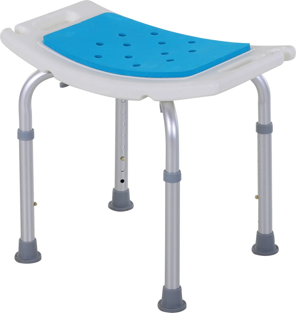 Assento de duche regulável em altura; banco de duche ergonómico; pés antiderrapantes; carga máxima de 135 kg; alumínio e HDPE; branco e azulFR