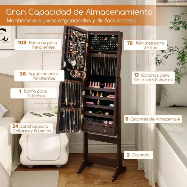 Armário para joias com espelho de corpo inteiro e luzes LED 4 ângulos de inclinação ajustáveis 41 x 37 x 146 cm Castanho