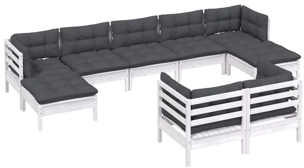 9 pcs conj. lounge de jardim c/ almofadões pinho maciço branco