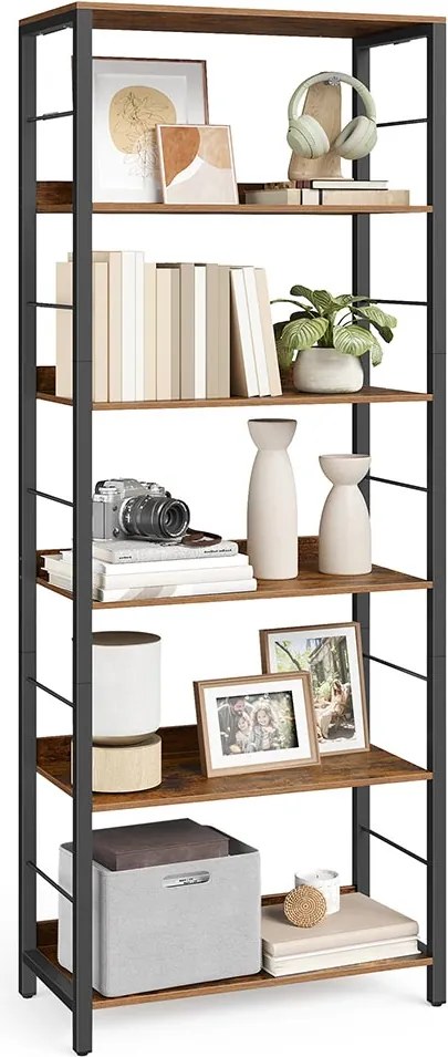 Estante com 6 prateleiras e painéis traseiros em design industrial 30 x 60 x 178 cm Castanho vintage + Preto