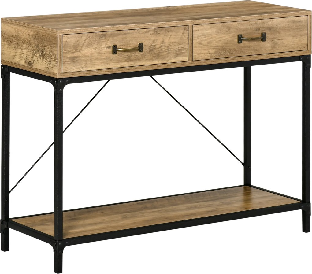 Mesa Consola Industrial Mesa de Sofá com 2 Gavetas e Prateleira para Entrada com Pés de Metal Castanho e Preto