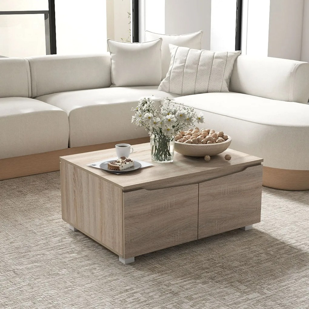 Mesa de centro rústica 80 x 60 x 37 cm baixa com arrumação com 4 portas e abertura em 2 direções castanha