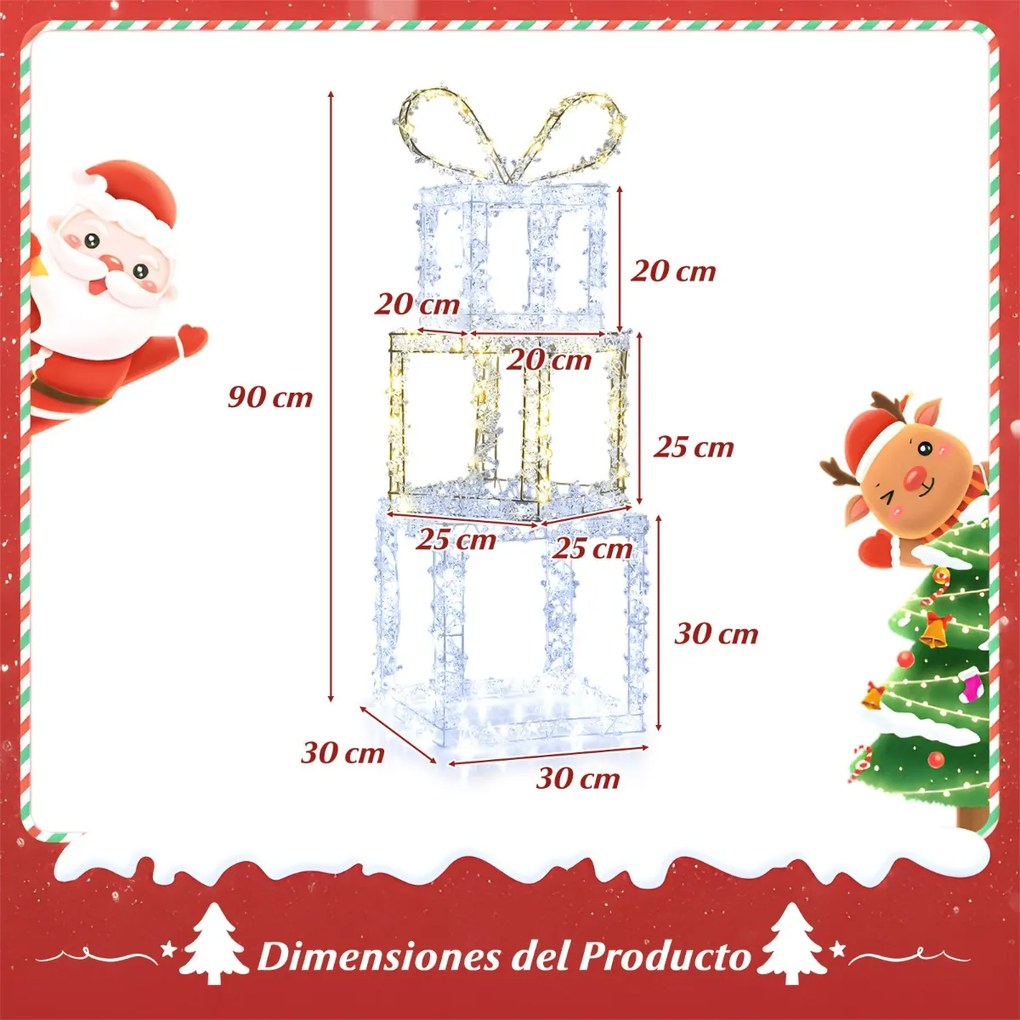 Conjunto de 3 caixas de presente de Natal pré-iluminadas com luzes LED brancas quentes e brancas frias multicoloridas