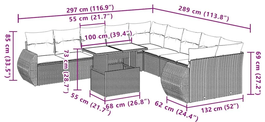 11 pcs conjunto sofás de jardim c/ almofadões vime PE cinzento