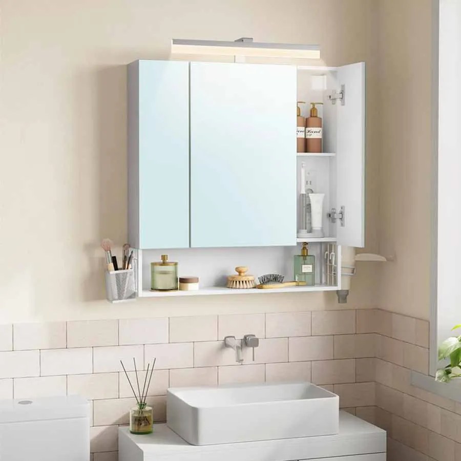 Armário de casa de banho parede com tomadas e 3 portas 16,5 x 70 x 75 cm branco
