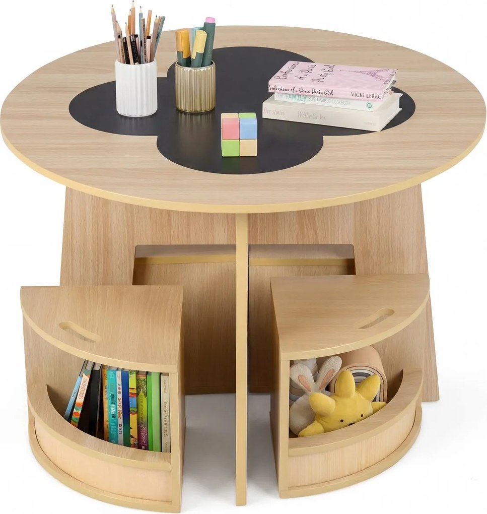 Conjunto de mesa e cadeiras para crianças de 5 peças: mesa redonda empilhável para crianças com bancos para atividades, economiza espaço, estilo natur