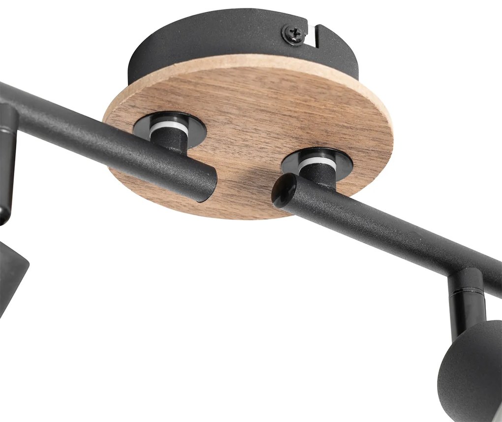 Candeeiro de teto preto com vidro fumê e madeira 4 luzes - Vidro Moderno