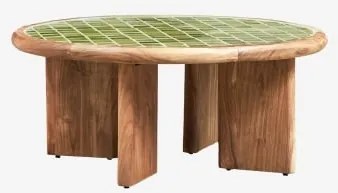 Mesa De Centro Redonda Ø80 Cm Em Azulejos E Madeira De Acácia Aitana Verde Melão - Castanho Acácia - Sklum