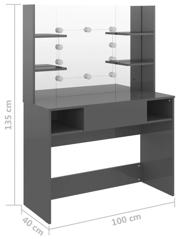 Mesa de maquilhagem c/ LEDs 100x40x135 cm MDF cinza brilhante