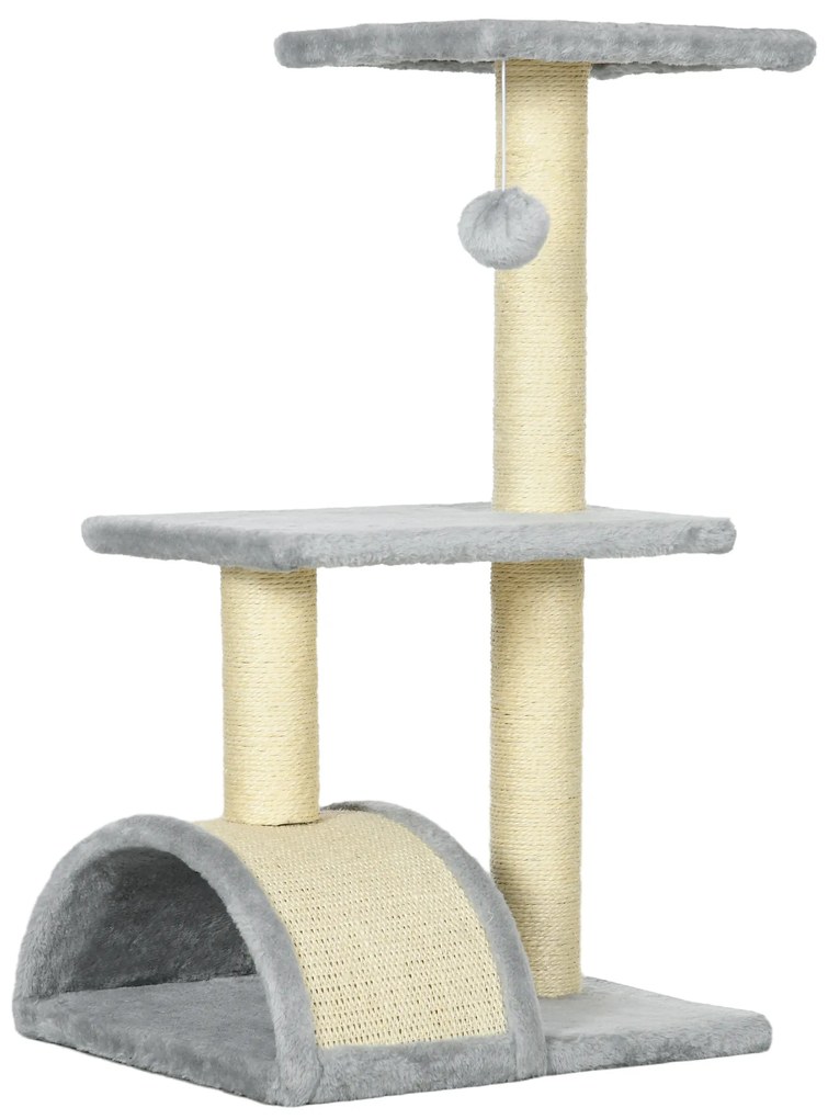 Arranhador para Gatos Médio de 3 Níveis  com Postes de Sisal Placa para Arranhar e Bola Suspensa 40x35x72 cm Cinza