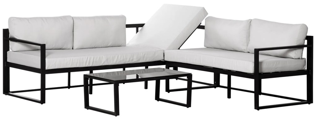 Outsunny Conjunto de Móveis de Jardim 3 Peças de Alumínio com Mesa de Vidro Sofá de 2 Lugares e Sofá de 3 Lugares com Encosto Ajustável e Almofadas Removíveis 212x70x64cm Preto e Cinza