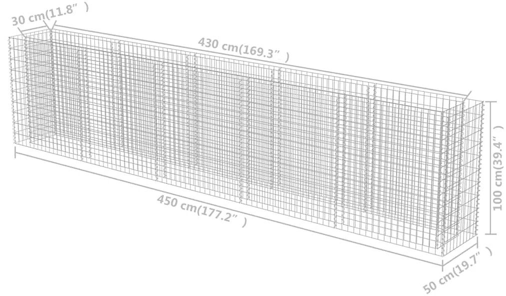 Canteiro elevado/cesto gabião 450x50x100 cm aço galvanizado