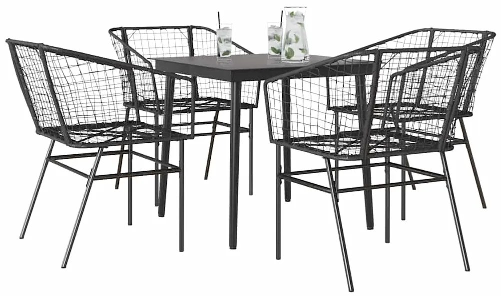 Conjunto de jantar jardim 5 peças vidro vime PE preto