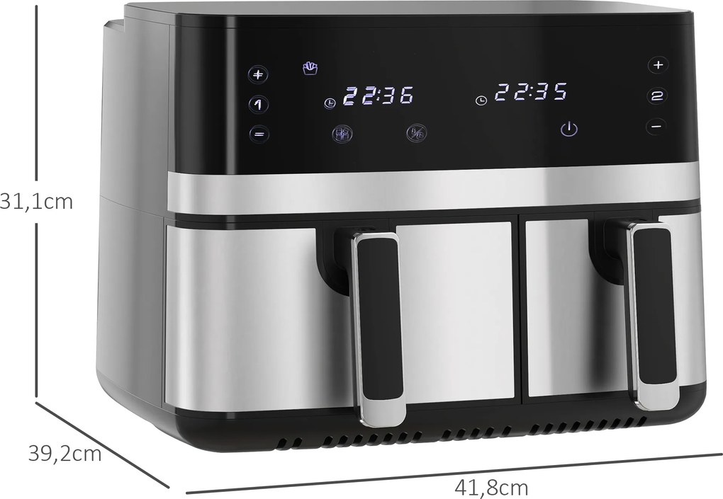 Fritadeira de ar quente sem óleo, Air Fryer, compartimento duplo de 8,5 L, 2700 W – 8 programas, temperatura regulável, temporizador preto