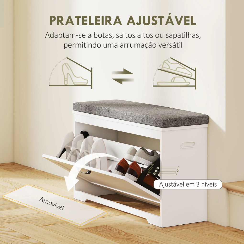 Banco Sapateira Moderno com Assento Acolchoado Prateleira Ajustável para 8 Pares de Sapatos 80x30x50 cm Branco
