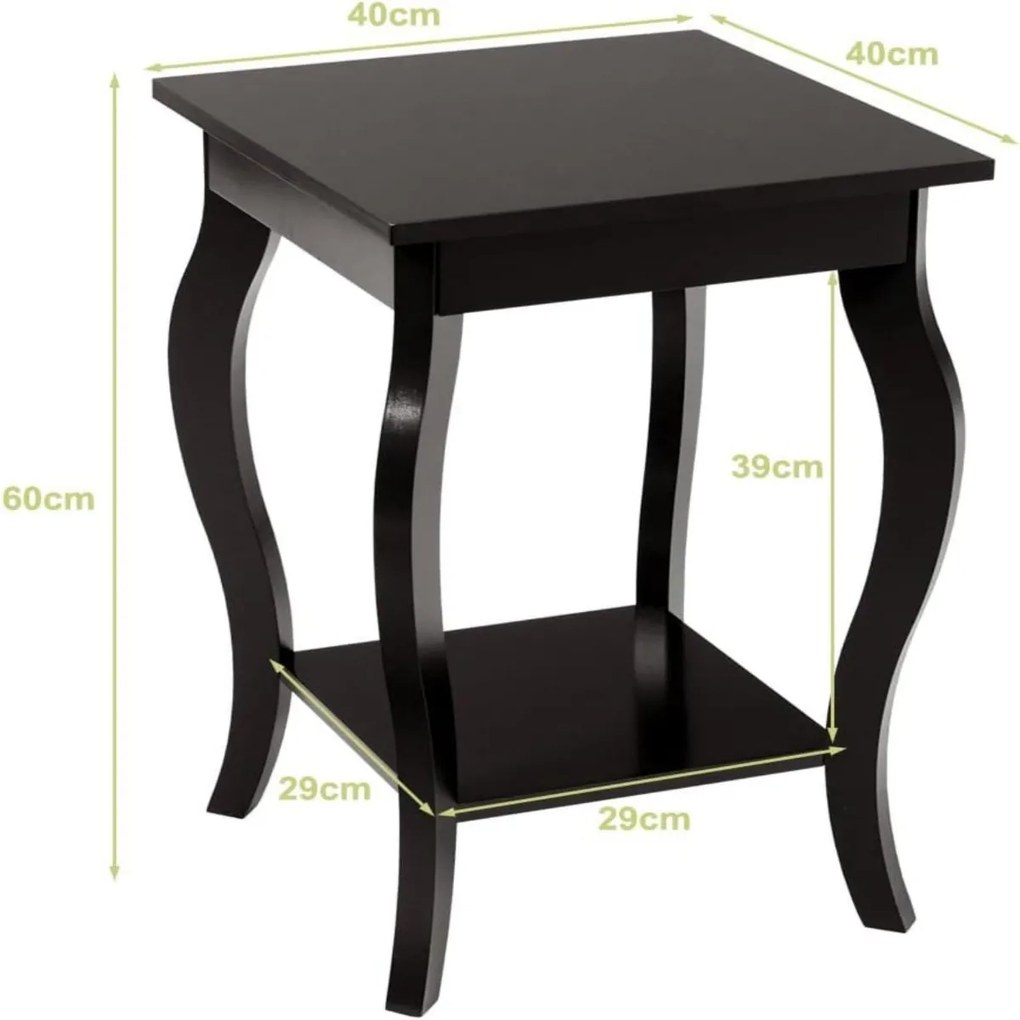 Conjunto de 2 mesas de cabeceira de 2 camadas com pernas curvas para quarto, sala de estar e sala de estar 40 x 40 x 60 cm castanho