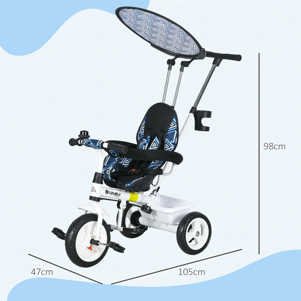 Triciclo para Bebés 2 em 1 Triciclo Evolutivo para Crianças com Toldo Dobrável e Guiador Telescópico 105x47x98 cm Branco