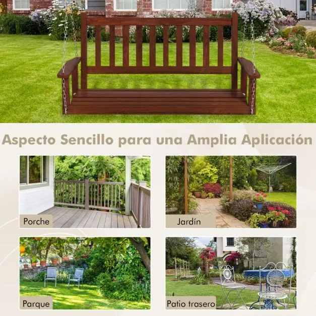 Banco de baloiço com 3 lugares 168 x 65 x 63 cm suspenso de madeira de choupo para jardim, Correntes ajustáveis Castanho