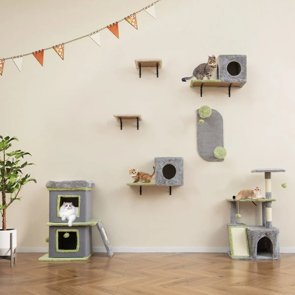 Conjunto de móveis para gatos 3 em 1 com prateleiras de parede modulares com cama e arranhador cinza