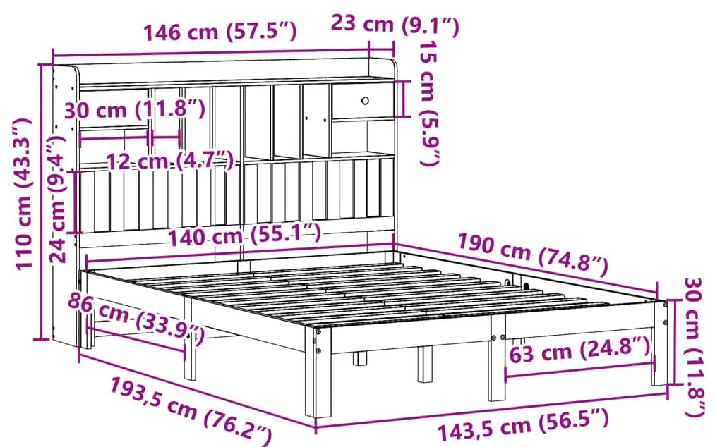 Cama com estante sem colchão 140x190 cm pinho maciço