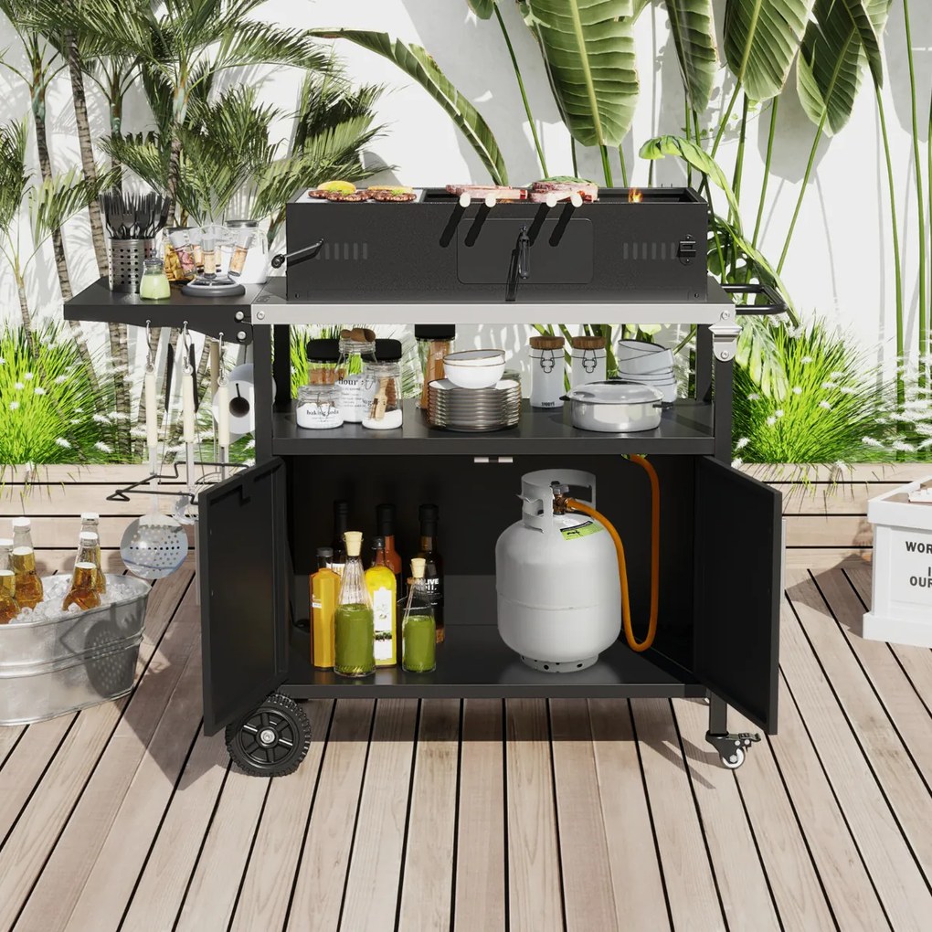 Carrinho cozinha de jardim para grelhados 127 x 50 x 84 cm com arrumação e tampo dobrável para churrasco em aço inoxidável Preto