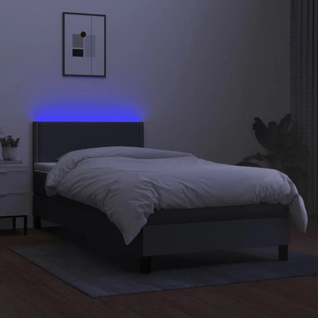 Cama box spring c/ colchão e LED 100x200 cm tecido cinza-escuro