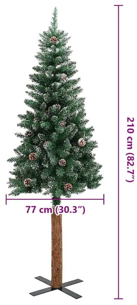 Árvore de Natal fina madeira genuína e neve branca 210 cm verde