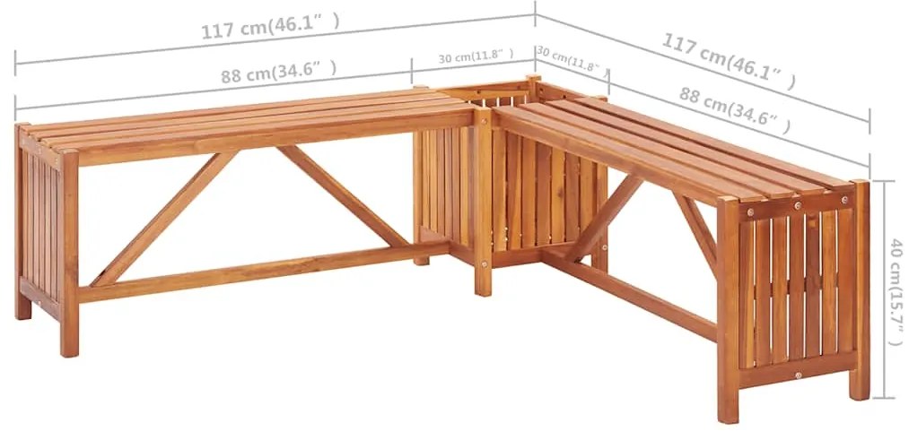 Banco canto c/ vaso jardim 117x117x40 cm madeira acácia maciça