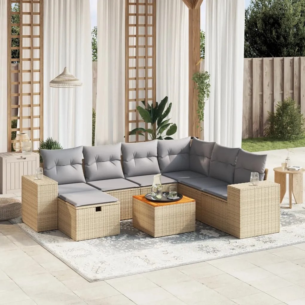 vidaXL 8 pcs conj. sofás jardim c/ almofadões vime PE bege misturado