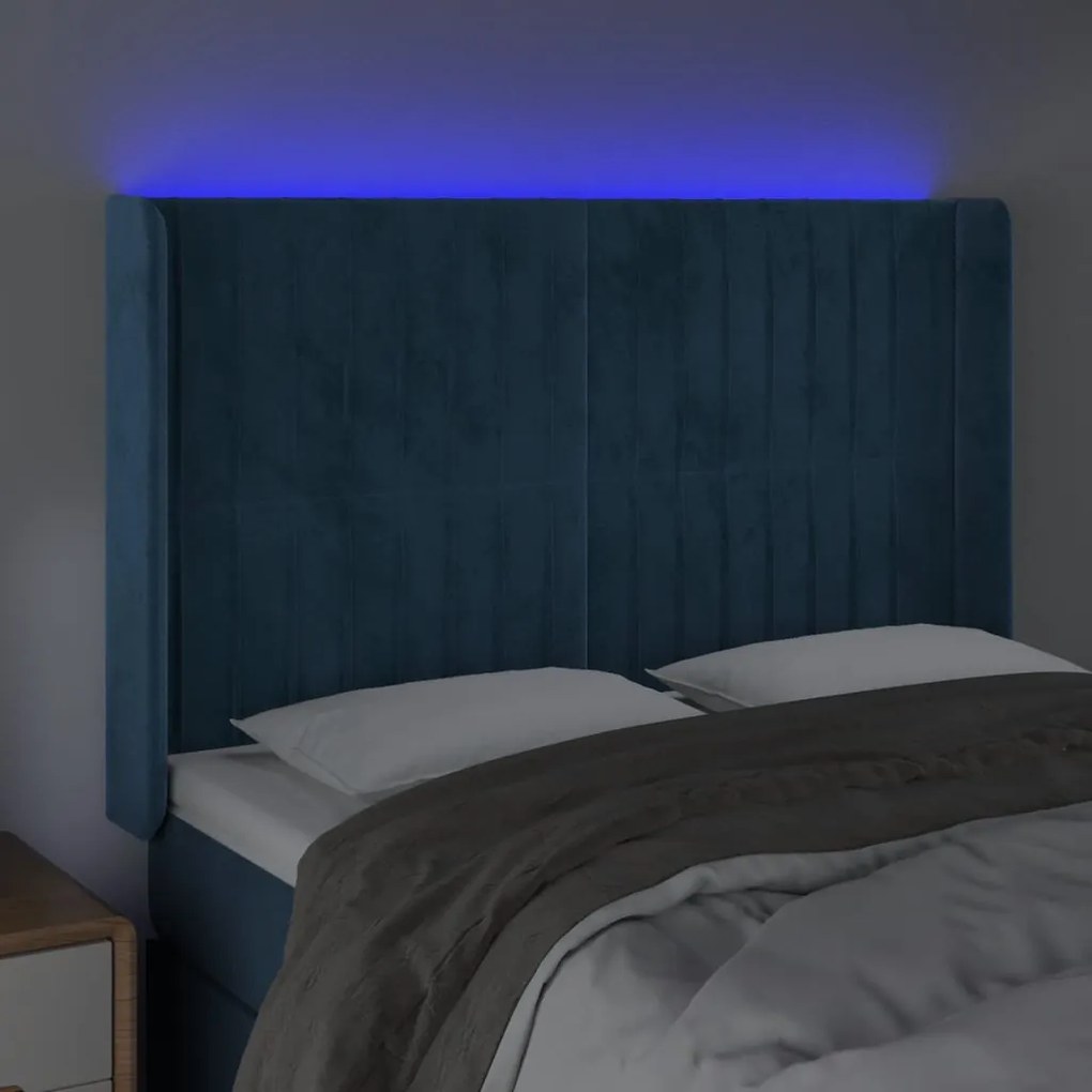 Cabeceira cama c/ luzes LED veludo 147x16x118/128cm azul-escuro