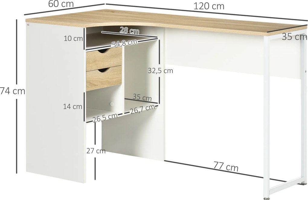 Secretária de canto com 2 gavetas, 120 x 60 cm, secretária em L com 3 compartimentos abertos, secretária para computador, ideal para estudar, trabalha