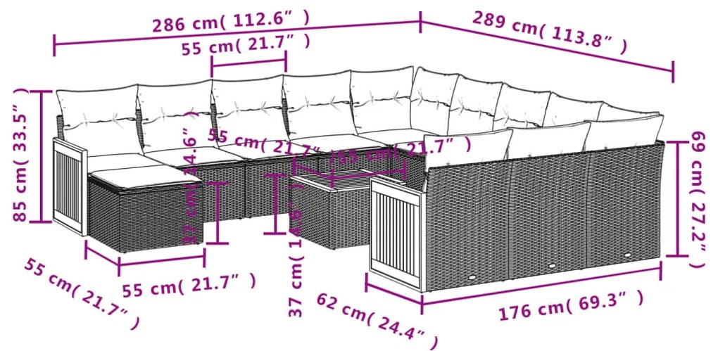 13 pcs conjunto de sofás de jardim com almofadões vime PE preto