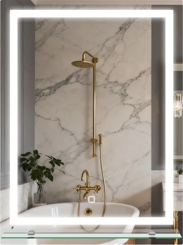 Espelho de Casa de Banho com Luzes LED 60x80 cm 3 Cores de Luz Brilho Ajustável Prateleira de Vidro Função de Memória Prata