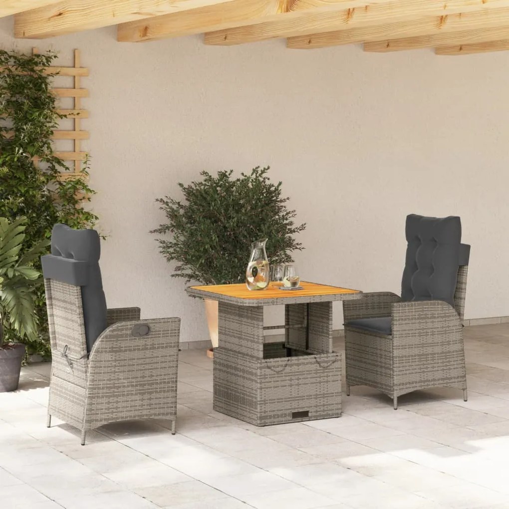 vidaXL 3 pcs conjunto de jantar p/ jardim c/ almofadões vime PE cinza