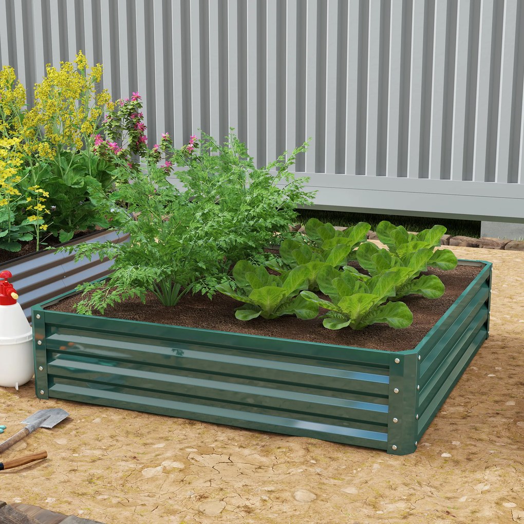 Floreira de horta quadrada em chapa de aço ondulada, 120 x 120 x 30 cm, verde escuro