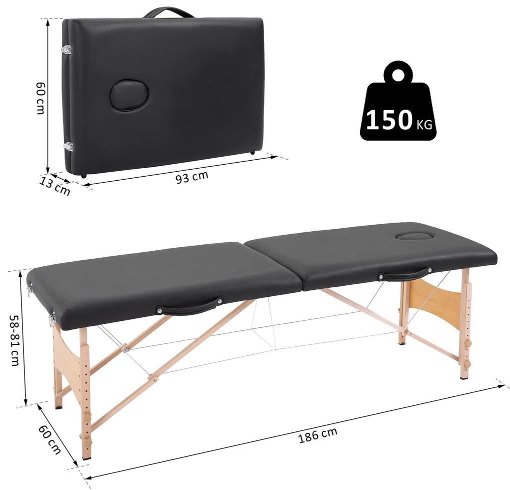 Marquesa de Massagem Dobrável Mesa de Massagem Portátil com Apoio para a Cabeça Estrutura de Madeira Altura Ajustável e Bolsa de Transporte 186x60x58-